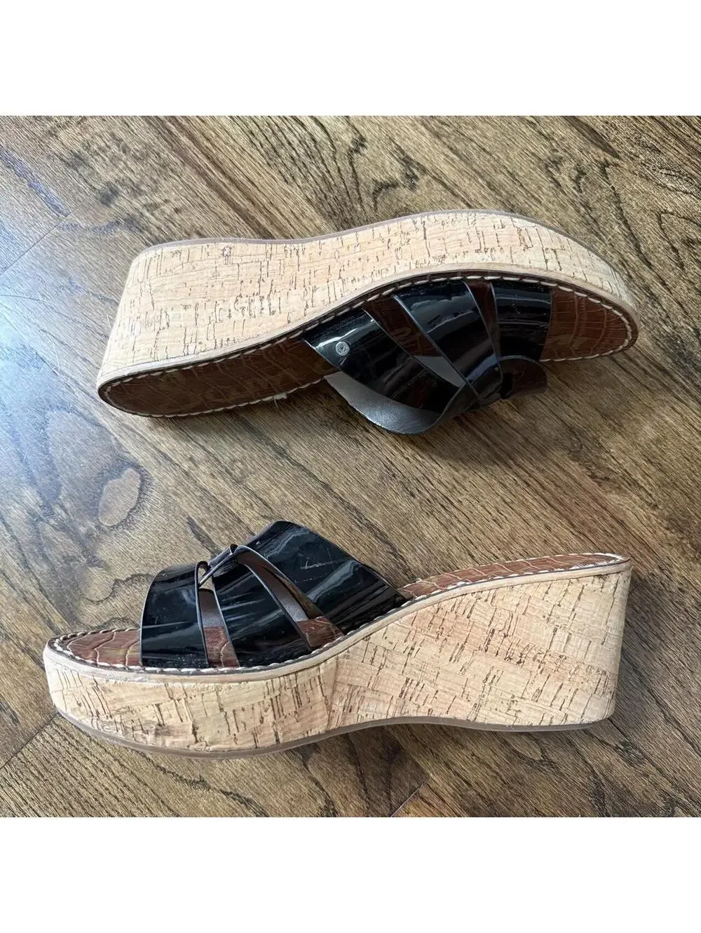 🖤 Sam Edelman Regis Black Patent Cork Wedge Sandals Size 9